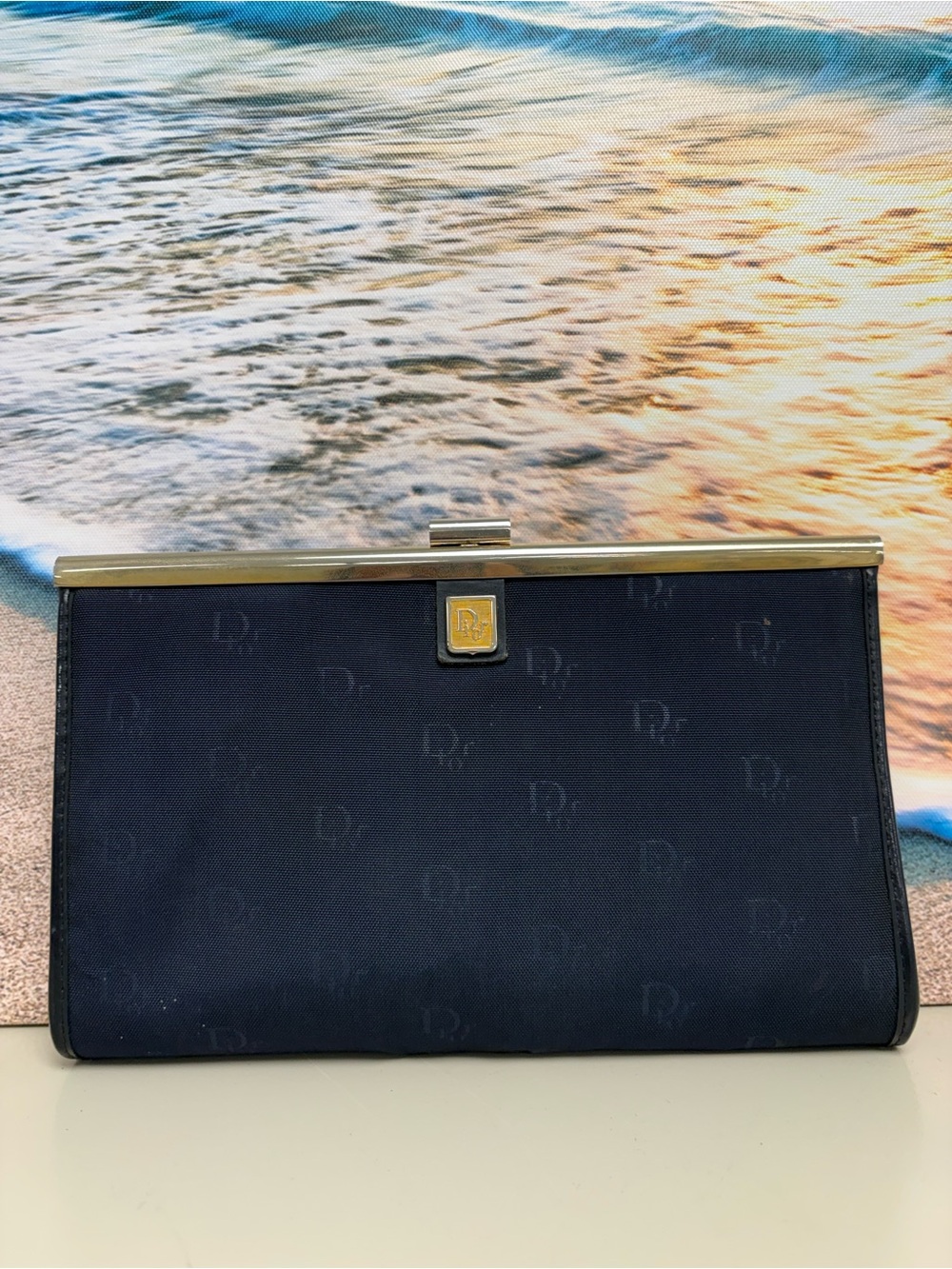 Vintage Christian Dior Navy Monogram Frame Clutch Honeycomb Canvas Good Frame